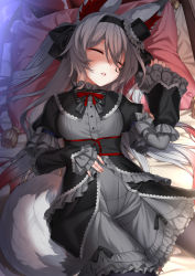 Rule 34 | 1girl, animal ear fluff, animal ears, bed sheet, black dress, black hairband, black headwear, black pantyhose, commentary request, commission, deras, dress, frilled dress, frills, gothic lolita, grey dress, grey hair, hair between eyes, hairband, hand up, hat, highres, layered sleeves, lolita fashion, long hair, long sleeves, lying, mini hat, mini top hat, on back, pantyhose, parted lips, pillow, pixiv commission, puffy short sleeves, puffy sleeves, short over long sleeves, short sleeves, sleeves past wrists, solo, tail, tilted headwear, top hat, two side up, very long hair, vrchat, wide sleeves