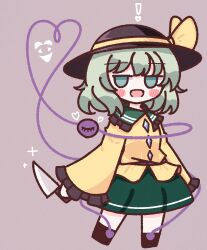 Rule 34 | !, 1girl, :d, absurdres, black hat, blush, blush stickers, bow, buttons, diamond button, frilled shirt collar, frilled sleeves, frills, green eyes, green hair, green skirt, hat, hat bow, heart, heart of string, highres, holding, holding knife, knife, komeiji koishi, light green hair, long sleeves, medium hair, open mouth, shirt, simple background, skirt, sleeves past wrists, smile, solo, standing, third eye, touhou, waroemon, yellow bow, yellow shirt