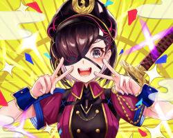 Rule 34 | 1girl, black hair, black hat, blush, breasts, confetti, double v, dress, emotional engine - full drive, eyepatch, fate/grand order, fate (series), grey eyes, hair over one eye, hat, highres, katana, klash, looking at viewer, medium breasts, mysterious ranmaru x (fate), open mouth, peaked cap, purple dress, short hair, short sleeves, smile, solo, sword, v, weapon, wrist cuffs