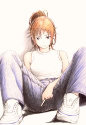 Rule 34 | 1girl, bbmasa, brown hair, cigarette, closed mouth, colored pencil (medium), denim, hibike! euphonium, highres, holding, holding cigarette, jeans, knees up, long hair, nakagawa natsuki, pants, ponytail, purple eyes, shoes, sitting, sleeveless, sneakers, solo, spread legs, tank top, traditional media, white background, white footwear, white tank top