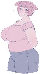 Rule 34 | 1girl, animal ears, arms behind back, ass, belly, blush, breasts, covered navel, cowboy shot, elf-san wa yaserarenai., fat, female orc, highres, large breasts, oku (elf-san wa yaserarenai.), orc, pants, parted lips, pig ears, plump, shirt, short hair, simple background, smile, solo, standing, synecdoche, thick thighs, thighs, white background