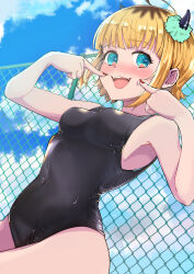 Rule 34 | 1girl, :3, absurdres, armpits, black one-piece swimsuit, blonde hair, blush, bob cut, breasts, competition swimsuit, covered navel, demon horns, fake horns, fingers to mouth, green scrunchie, highres, horns, inverted bob, looking at viewer, medium breasts, mem-cho, multicolored hair, one-piece swimsuit, open mouth, oshi no ko, outdoors, roots (hair), ryougen (koh y1), scrunchie, solo, swimsuit