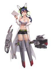 Rule 34 | 1girl, absurdres, asymmetrical hair, black hair, black shorts, breasts, cannon, coat, highres, lab coat, large breasts, machinery, navel, off shoulder, open clothes, open coat, ponytail, qingmingtongzi, red eyes, short shorts, shorts, solo, tank top, torpedo tubes, turret, warship girls r, wet, wet clothes, white coat, white tank top, yuubari (warship girls r)
