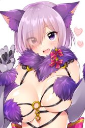 Rule 34 | 1girl, :d, animal ears, breast lift, breasts, claw pose, elbow gloves, eyes visible through hair, fang, fate/grand order, fate (series), fur, fur-trimmed gloves, fur collar, fur trim, gloves, hair over one eye, halloween costume, heart, large breasts, looking at viewer, mash kyrielight, mash kyrielight (dangerous beast), o-ring, o-ring top, official alternate costume, open mouth, purple eyes, purple hair, revealing clothes, short hair, smile, solo, trente, unaligned breasts, upper body, wolf ears