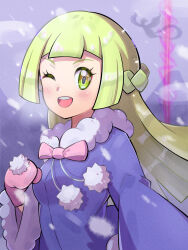 Rule 34 | 1girl, blunt bangs, braid, coat, creatures (company), fur-trimmed coat, fur trim, galarian articuno, galarian form, game freak, gen 8 pokemon, green eyes, hand up, highres, inana umi, legendary pokemon, lillie (pokemon), long hair, looking at viewer, mittens, nintendo, one eye closed, open mouth, pink ribbon, pokemon, pokemon (anime), pokemon (creature), pokemon journeys, pokemon swsh111, ribbon, smile, snowing, teeth, upper teeth only, winter clothes
