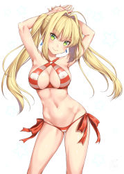 Rule 34 | ahoge, alto seneka, armpits, arms behind head, arms up, bikini, blonde hair, breasts, cleavage, cleft of venus, closed mouth, contrapposto, covered erect nipples, criss-cross halter, earrings, fate/grand order, fate (series), green eyes, hair intakes, halterneck, highres, jewelry, large breasts, long hair, looking at viewer, navel, nero claudius (fate), nero claudius (fate) (all), nero claudius (swimsuit caster) (fate), shiny skin, side-tie bikini bottom, simple background, smile, standing, star (symbol), striped bikini, striped clothes, swimsuit, white background