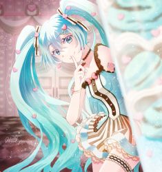 Rule 34 | 1girl, absurdres, bare arms, black choker, blue eyes, blue hair, blue nails, blue shirt, blurry, blurry background, breasts, brown skirt, checkered floor, choker, closed mouth, collarbone, finger to mouth, floating hair, hair between eyes, hair ornament, hatsune miku, heart, heart bracelet, heart hair ornament, highres, index finger raised, kizukiyuzuru, layered skirt, leaning forward, long hair, looking at viewer, miniskirt, nail polish, shirt, shushing, skirt, sleeveless, sleeveless shirt, small breasts, smile, solo, standing, striped clothes, striped skirt, thigh strap, twintails, twitter username, vertical-striped clothes, vertical-striped skirt, very long hair, vocaloid