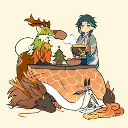 Rule 34 | 1boy, animal, antlers, book, border0715, bowl, christmas tree, cloud retainer (genshin impact), dragon, facial mark, food, forehead mark, fruit, genshin impact, green hair, holding, horns, jewelry, kotatsu, moon carver (genshin impact), mountain shaper (genshin impact), multicolored hair, necklace, no mouth, orange (fruit), oven mitts, rex lapis (genshin impact), sack, simple background, steam, table, tail, xianyun (genshin impact), xiao (genshin impact), yellow background, yellow eyes