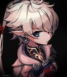 Rule 34 | 1girl, alisaie leveilleur, artist name, black background, blue eyes, blurry, closed mouth, collar, commentary request, earrings, expressionless, final fantasy, final fantasy xiv, hair ornament, jacket, jewelry, long hair, looking at viewer, looking to the side, makaroll, open clothes, open jacket, pointy ears, ponytail, short hair with long locks, sidelocks, solo, upper body, white hair, white jacket
