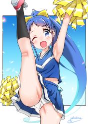 Rule 34 | 1girl, arm up, armpits, black socks, blue background, blue eyes, blue hair, blue skirt, blush, cheerleader, commentary request, flying kick, gradient background, hair between eyes, highres, kantai collection, kicking, leg up, long hair, looking at viewer, multicolored background, one eye closed, open mouth, panties, pantyshot, pleated skirt, pom pom (cheerleading), samidare (kancolle), shirt, skirt, sleeveless, sleeveless shirt, smile, socks, solo, underwear, very long hair, white panties, white shirt, yokoshima (euphoria)