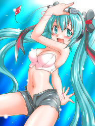 Rule 34 | 1girl, aqua eyes, aqua hair, blush, bracelet, breasts, bustier, cleavage, cutoffs, hair ribbon, hatsune miku, headphones, jewelry, long hair, looking at viewer, microphone, midriff, navel, nishi kita, open fly, open mouth, pointing, ribbon, shiny skin, short shorts, shorts, smile, solo, twintails, unbuttoned, unzipped, very long hair, vocaloid