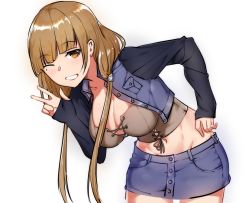 Rule 34 | 1girl, ;d, blush, breasts, brown hair, cleavage, cowboy shot, denim, denim skirt, large breasts, leaning forward, long hair, long sleeves, looking at viewer, low twintails, midriff, miniskirt, mole, mole under eye, navel, one eye closed, open mouth, original, simple background, skirt, sleeves past wrists, smile, solo, twintails, w, white background, xiujia yihuizi