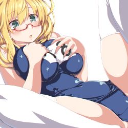 Rule 34 | 1girl, :o, blonde hair, blue hair, blue one-piece swimsuit, blush, breasts, dd (ijigendd), glasses, highres, i-8 (kancolle), kantai collection, large breasts, long hair, name tag, one-piece swimsuit, open mouth, red-framed eyewear, school swimsuit, semi-rimless eyewear, simple background, solo, swimsuit, thighhighs, white background, white thighhighs