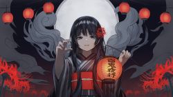 Rule 34 | 1girl, ashika (yftcc948), black hair, commentary request, flower, full moon, grey eyes, hair flower, hair ornament, half-closed eyes, highres, holding, japanese clothes, kimono, lantern, long hair, long sleeves, looking at viewer, moon, obi, original, paper lantern, parted lips, red flower, sash, solo, spider lily, striped clothes, striped kimono, upper body, vertical-striped clothes, vertical-striped kimono, very long hair, wide sleeves