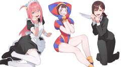 Rule 34 | 3girls, apron, bare legs, black dress, black footwear, black jacket, black pants, blue eyes, blue gloves, blunt bangs, blush, blush stickers, bocchi the rock!, brown eyes, brown hair, chainsaw man, clown, collared shirt, commentary, dnaitari, dress, feet out of frame, formal, frilled apron, frills, gloves, gotoh hitori, hair ornament, hairclip, hands up, hat, hat bell, higashiyama kobeni, highres, holding, holding knife, jacket, jester cap, jester costume, kneeling, knife, legs, long hair, long sleeves, lower teeth only, lying, maid, maid headdress, mole, mole under eye, mole under mouth, multicolored clothes, multicolored headwear, multiple girls, on side, open mouth, pants, parted bangs, pink hair, pomni (the amazing digital circus), puffy short sleeves, puffy sleeves, red gloves, sharp teeth, shirt, short dress, short sleeves, sidelocks, simple background, sitting, striped clothes, striped headwear, suit, teeth, the amazing digital circus, thighhighs, two-tone eyes, vertical-striped bodysuit, vertical-striped clothes, vertical-striped headwear, white apron, white background, white thighhighs, worried, yokozuwari, zettai ryouiki