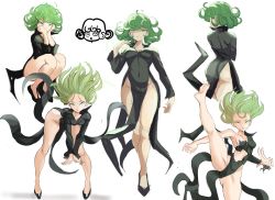 Rule 34 | 1girl, :t, ass, barefoot, bent over, black dress, breasts, commentary, covered navel, dress, english commentary, psychic, fantasy, floating, floating hair, floating object, flying, from behind, full body, green eyes, green hair, highres, leg up, legs, levitation, looking at viewer, magic, medium breasts, multiple views, no panties, one-punch man, pout, psychic, rakeemspoon, short hair, simple background, smile, soles, squatting, tatsumaki, telekinesis, torn clothes, torn dress, white background