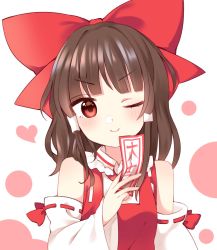 Rule 34 | 1girl, ;), bare shoulders, blouse, blunt bangs, blush, bow, brown hair, commentary, detached sleeves, frilled shirt collar, frills, hair bow, hair tubes, hakurei reimu, head tilt, heart, highres, large bow, looking at viewer, ofuda, one eye closed, red eyes, shirt, smile, solo, touhou, v-shaped eyebrows, yururi nano