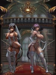 Rule 34 | 2girls, animal ears, ass, au ra, black ribbon, breast cutout, breasts, breasts out, bridal veil, bride, brown hair, cat ears, curvy, cutesexyrobutts, dress, elbow gloves, final fantasy, final fantasy xiv, functionally nude, garter straps, gloves, green eyes, hand on own hip, high heels, highres, horns, large breasts, leotard, looking at viewer, medium breasts, miqo&#039;te, multiple girls, navel, nipples, purple hair, revealing clothes, ribbon, see-through, short hair, skindentation, thick thighs, thighhighs, thighs, veil, warrior of light (ff14), wedding dress, white legwear