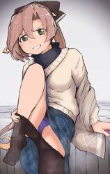 Rule 34 | 1girl, absurdres, akigumo (kancolle), akigumo kai ni (kancolle), black pantyhose, black sweater, blue skirt, brown hair, brown shawl, clothes pull, cowboy shot, dova, gradient background, green eyes, grey background, grin, hair ribbon, highres, kantai collection, layered clothes, long hair, long skirt, looking at viewer, mole, mole under eye, official alternate costume, panties, pantyhose, pantyhose pull, pantyshot, plaid, plaid skirt, ponytail, purple panties, ribbon, shawl, skirt, smile, solo, standing, sweater, transparent background, underwear, undressing, upskirt, white sweater