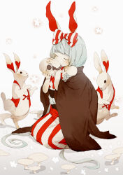 Rule 34 | 1girl, animal, animal ears, bead bracelet, beads, blush, bow, bracelet, braid, cloak, closed eyes, hair bow, hair ornament, highres, holding, holding skull, japanese clothes, jewelry, kicho (muzao), kimono, kneeling, long hair, low twintails, mushroom, obi, original, pom pom (clothes), pom pom hair ornament, rabbit, rabbit ears, rabbit girl, sash, seiza, sitting, skull, smile, solo, striped clothes, striped kimono, twin braids, twintails, very long hair