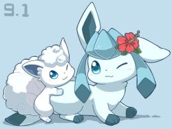 Rule 34 | 2027 (submarine2027), ;3, alolan form, alolan vulpix, blue background, blue eyes, blush, closed mouth, commentary request, creatures (company), dated, flower, game freak, gen 4 pokemon, gen 7 pokemon, glaceon, hibiscus, hug, looking at another, looking at viewer, looking back, nintendo, no humans, one eye closed, pokemon, pokemon (creature), red flower, simple background, smile