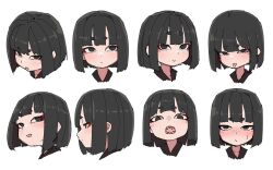 Rule 34 | 1girl, :p, black eyes, black hair, blush, bob cut, expressionless, expressions, eyeliner, fang, highres, kani onigiri (shottare), looking at viewer, makeup, multiple views, open mouth, original, profile, sharp teeth, short eyebrows, short hair, simple background, sketch, smile, sweatdrop, teeth, tongue, tongue out, white background