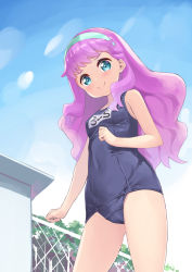 Rule 34 | blue eyes, blue one-piece swimsuit, breasts, cloud, covered navel, from below, groin, hairband, highres, laura (precure), long hair, looking down, one-piece swimsuit, outdoors, precure, purple hair, school swimsuit, sky, small breasts, smile, solo, swimsuit, tenjou ryuka, thighs, tropical-rouge! precure