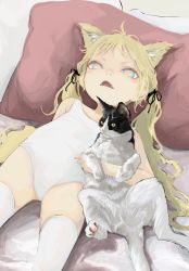 Rule 34 | 1girl, animal, animal ears, blonde hair, cat, cat ears, child, fangs, female focus, highres, holding, holding animal, holding cat, looking at viewer, lying, messy hair, ohgnokuni, on back, on bed, one-piece swimsuit, open mouth, original, pillow, solo, swimsuit, thighhighs, twintails, white one-piece swimsuit