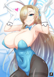Rule 34 | 1girl, animal ears, armpits, asuna (blue archive), black pantyhose, blonde hair, blue archive, blue background, blue eyes, blue leotard, breasts, cameltoe, cleavage, collar, covered navel, cowboy shot, eyes visible through hair, fake animal ears, gloves, grin, hair over one eye, hair ribbon, highres, large breasts, leotard, long hair, pantyhose, rabbit ears, ribbon, smile, solo, strapless, strapless leotard, teng zhai zi, white background, white gloves