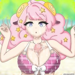 Rule 34 | :o, bikini, blue eyes, breasts, cum, cum on body, cum on breasts, cum on clothes, cum on upper body, facial, large breasts, moa (show by rock!!), open mouth, paizuri, paizuri under clothes, pink hair, show by rock!!, swimsuit