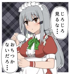 Rule 34 | 1girl, alternate costume, apron, blush, bokota (bokobokota), bow, bowtie, breasts, brown eyes, cup, dress, enmaided, facial scar, gangut (kancolle), green bow, green bowtie, grey hair, hair between eyes, highres, jewelry, kantai collection, large breasts, long dress, long hair, looking at viewer, maid, maid apron, maid headdress, neckerchief, red dress, scar, scar on cheek, scar on face, solo, translation request