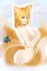 Rule 34 | 2girls, animal ears, ass, blonde hair, breasts, chen, chen (cat), covering privates, covering breasts, fox ears, fox tail, from side, grey background, large breasts, lips, looking at viewer, looking to the side, messy hair, mightyhonk, multiple girls, multiple tails, nose, nude, orange eyes, sideboob, tail, touhou, yakumo ran