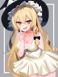 Rule 34 | 1girl, absurdres, alternate costume, black headwear, blonde hair, blush, braid, breasts, cleavage, commentary, dress, fang, grey background, hat, highres, index finger raised, kirisame marisa, long hair, looking at viewer, medium breasts, ody kishi, open mouth, side braid, simple background, single braid, skin fang, touhou, very long hair, white dress, witch hat, yellow eyes