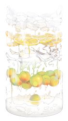 Rule 34 | 1girl, apple, bare arms, bare shoulders, barefoot, closed eyes, closed mouth, dissolving, dissolving clothes, dress, drink, food, fruit, ice, ice cube, lemon, lemon slice, lemonade, maruco, melting, original, personification, short hair, smile, solo, sundress, untied, water, white background, white dress