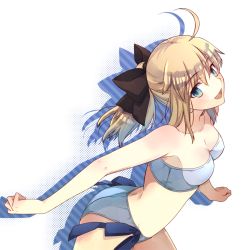 Rule 34 | 1girl, ahoge, artoria pendragon (all), artoria pendragon (fate), bikini, blonde hair, bow, derivative work, fate/stay night, fate/unlimited codes, fate (series), green eyes, hair bow, halftone, halftone background, highres, kanasiinezimakineko, long hair, looking at viewer, open mouth, ponytail, saber (fate), saber lily, simple background, solo, strapless, striped, striped background, swimsuit, tube top