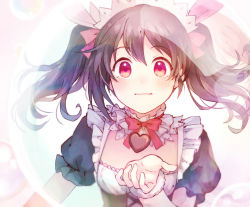 Rule 34 | 10s, 1girl, black hair, blush, bow, breasts, choker, female focus, food, hair bow, hair ribbon, heart, long hair, love live!, love live! school idol project, maid, mogyutto &quot;love&quot; de sekkin chuu!, neck ribbon, pink ribbon, red eyes, red ribbon, ribbon, rio, rio.lw, short hair, short sleeves, small breasts, smile, solo, sweets, twintails, upper body, valentine, yazawa nico