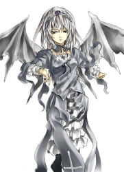 Rule 34 | 00s, 1girl, bat wings, closed mouth, cowboy shot, detached collar, expressionless, frilled sleeves, frills, looking at viewer, raid slash, rozen maiden, silver hair, simple background, solo, suigintou, white background, wings