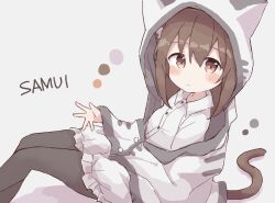 Rule 34 | 1girl, absurdres, animal ears, animal hood, black pantyhose, blush stickers, brown eyes, brown hair, buttons, cat ears, cat girl, cat hood, cat tail, collared shirt, colon br, feet out of frame, from side, grey background, highres, hood, hood up, hooded jacket, jacket, knees up, legs together, long sleeves, original, pantyhose, raised eyebrows, romaji text, shirt, simple background, sitting, skirt, solo, tail, white jacket, white shirt, white skirt