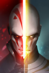 Rule 34 | 1boy, armor, bald, black sclera, colored sclera, dark persona, energy sword, facial tattoo, gradient background, grey eyes, lightsaber, pale skin, red lightsaber, smirk, star wars, star wars: rebels, sword, tattoo, the grand inquisitor, weapon, yellow eyes, yellow lightsaber