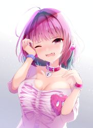 Rule 34 | 1girl, ahoge, bare shoulders, blue hair, blush, breasts, cleavage, collar, collarbone, commentary request, crying, crying with eyes open, earrings, fang, hair intakes, hand up, head tilt, heart collar, heart on chest, highres, idolmaster, idolmaster cinderella girls, jewelry, keyhole, large breasts, multicolored hair, off shoulder, open mouth, pill earrings, pink hair, print shirt, red collar, red eyes, saliva, shiira (nya rl), shirt, skeleton print, solo, t-shirt, tears, two-tone hair, upper body, white shirt, yumemi riamu