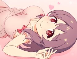 Rule 34 | 1girl, bare arms, breasts, brown hair, collarbone, commentary, dot nose, dress, heart, highres, large breasts, long hair, looking at viewer, lying, murosaki miyo, on back, onii-chan wa oshimai!, pink background, pink dress, red eyes, shin (ustir7), simple background, sleeveless, sleeveless dress, smile, solo