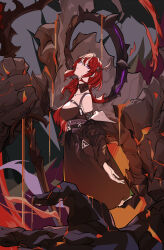 Rule 34 | 1girl, arknights, arms at sides, belt, black coat, black dress, breasts, closed mouth, coat, coat partially removed, detached collar, dress, head tilt, highres, horns, hu tu, long hair, looking at viewer, medium breasts, lava, purple eyes, red hair, sidelocks, sleeveless, sleeveless dress, solo, standing, surtr&#039;s golem (arknights), surtr (arknights), sword, weapon
