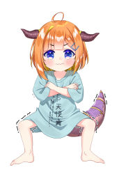 Rule 34 | 1girl, amane kanata, barefoot, blonde hair, colored inner hair, commentary request, crossed arms, dragon girl, dragon horns, dragon tail, frown, hair ornament, hairclip, highres, hololive, horns, hosimaru, if they mated, kiryu coco, multicolored hair, orange hair, pp tenshi t-shirt, purple eyes, simple background, solo, squatting, tail, two-tone hair, v-shaped eyebrows, virtual youtuber, wavy mouth, white background