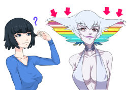 Rule 34 | ?, absurdres, alternate costume, alternate hairstyle, arrow (symbol), black hair, blue eyes, blue sweater, bob cut, breasts, cleavage, comparison, confused, covered erect nipples, frown, hand in own hair, highres, hime cut, kill la kill, kiryuuin ragyou, kiryuuin satsuki, lipstick, makeup, mother and daughter, multicolored hair, rainbow hair, showing off, simple background, smug, sweater, thick eyebrows, urustam, v-neck, white background