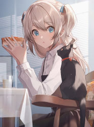 Rule 34 | 1girl, :t, blonde hair, blue eyes, brown dress, buttons, cat, chair, closed mouth, collared shirt, dress, eating, food, glass, hair between eyes, hair ribbon, hands up, highres, holding, indoors, long sleeves, looking at viewer, milk, original, ribbon, shadow, shirt, sitting, table, tablecloth, white shirt, zattape