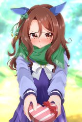 Rule 34 | 1girl, blurry, blurry background, blush, bow, box, commentary, day, depth of field, ear bow, ear covers, embarrassed, frown, gift, giving, green scarf, heart-shaped box, highres, holding, holding gift, king halo (umamusume), long hair, looking at viewer, medium skirt, miso bon, open mouth, outdoors, pleated skirt, purple shirt, purple skirt, scarf, school uniform, shirt, skirt, solo, sparkle, swept bangs, tracen school uniform, umamusume, valentine, white bow, winter uniform