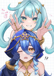 Rule 34 | !?, 2girls, absurdres, black gloves, blue hair, circlet, collarbone, commentary request, drooling, faruzan (genshin impact), genshin impact, gloves, gradient hair, green eyes, grin, hair ornament, highres, jewelry, layla (genshin impact), long hair, looking at viewer, mugita (mokankan), multicolored hair, multiple girls, open mouth, partial commentary, ring, sleepy, smile, upper body, veil, x hair ornament, yellow eyes