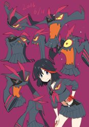 Rule 34 | 1girl, bent, black hair, cowboy shot, dated, hair between eyes, hand on own hip, kill la kill, living clothes, looking at viewer, matoi ryuuko, multicolored hair, non-web source, o-nashi neko, pink background, pleated skirt, purple background, senketsu, short hair, simple background, skirt, smile, streaked hair
