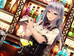 Rule 34 | 1girl, alcohol, bartender, blush, bottle, cocktail glass, cup, drinking glass, dutch angle, hazumi, highres, ice bucket, indoors, lime (fruit), lime slice, long hair, looking at viewer, original, purple eyes, short sleeves, silver hair, solo, tongs, tumbler, upper body, very long hair