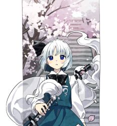 Rule 34 | 1girl, black bow, black bowtie, blue eyes, blue skirt, blue vest, bob cut, bow, bowtie, cherry blossoms, grey hair, hakugyokurou, hand on hilt, highres, holding, holding sword, holding weapon, kaigen 1025, katana, konpaku youmu, konpaku youmu (ghost), long sleeves, looking at viewer, outdoors, outside border, parted lips, phantasmagoria of flower view, pillarboxed, sheath, sheathed, shirt, short hair, skirt, skirt set, solo, stairs, standing, straight-on, sword, tassel, touhou, upper body, vest, weapon, white shirt, zun (style)